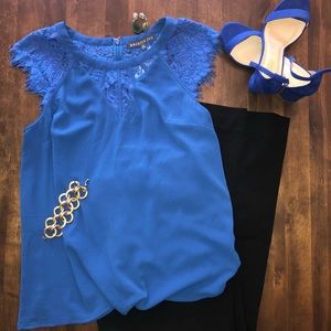 Brixon Ivy Lace Detail Cap Sleeve Cobalt Blouse